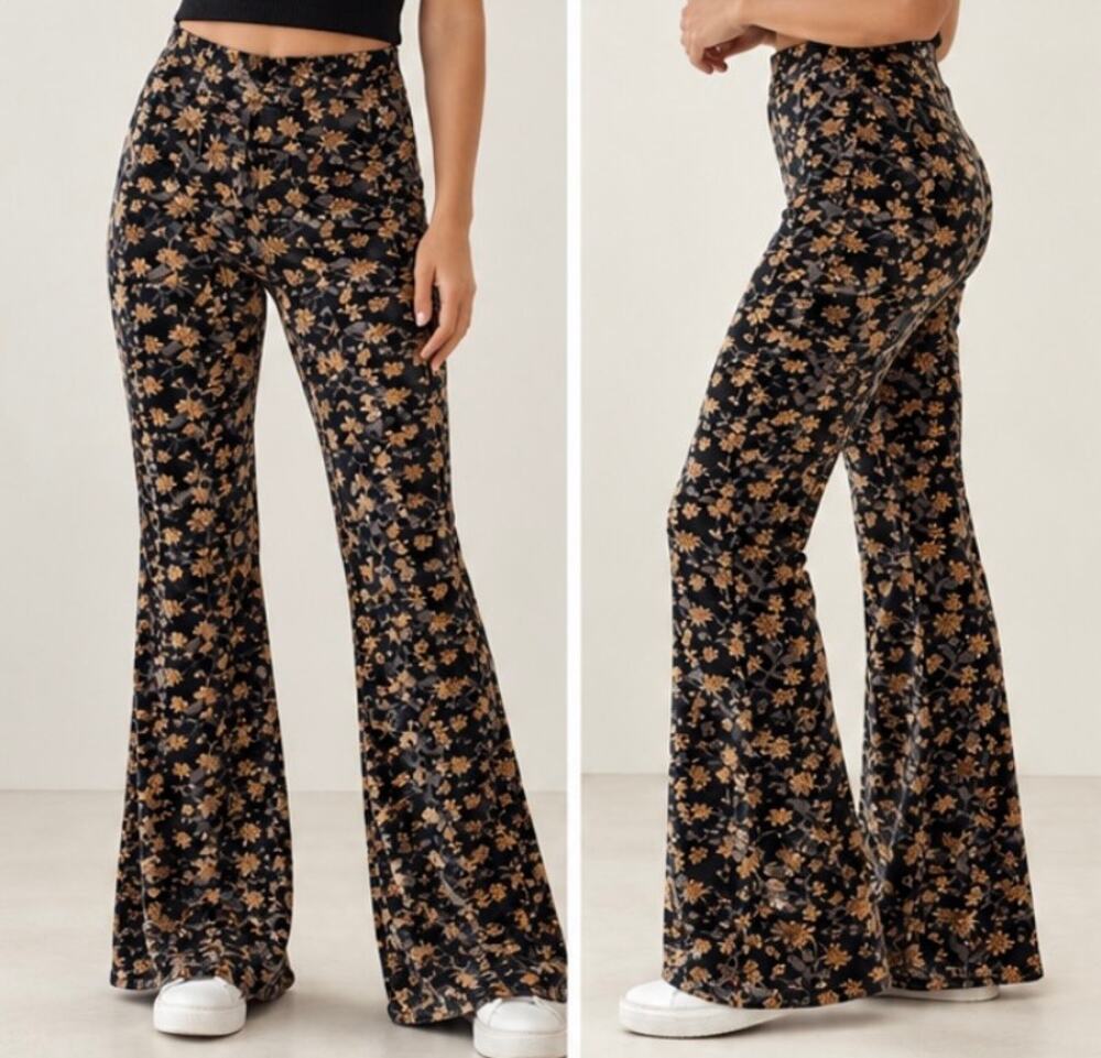 NATURAL LIFE Cali Crushed Velvet Flare Bell Bottom Pants Dahlia Floral - XL